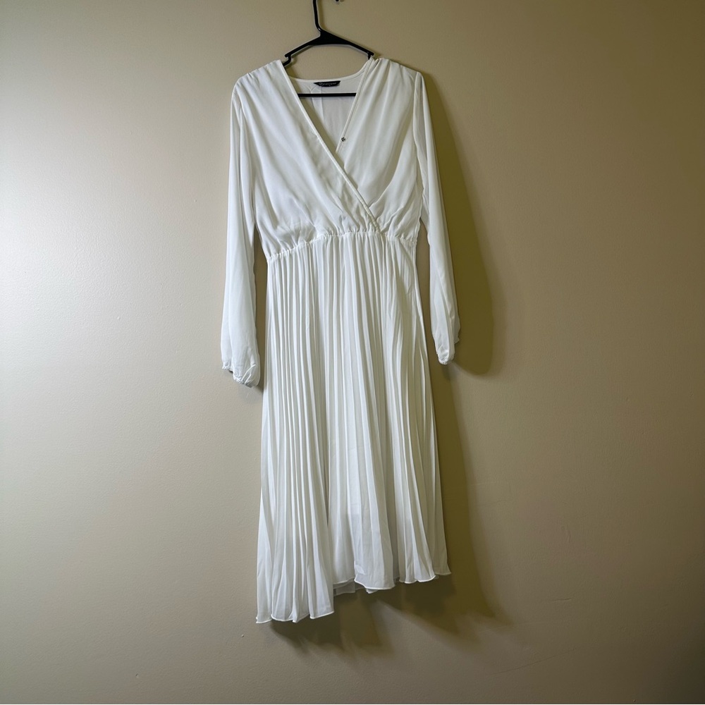 White Long Sleeve Wrap Sundress with Pleats